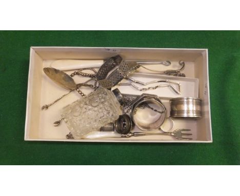 A box containing sundry silver and plated wares to include silver mounted cut glass dressing table bottle, mother of pearl mo