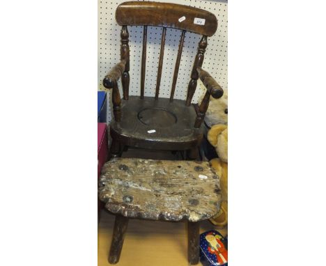 A 19th Century child's beech and elm stick back commode chair, and an elm milking stool