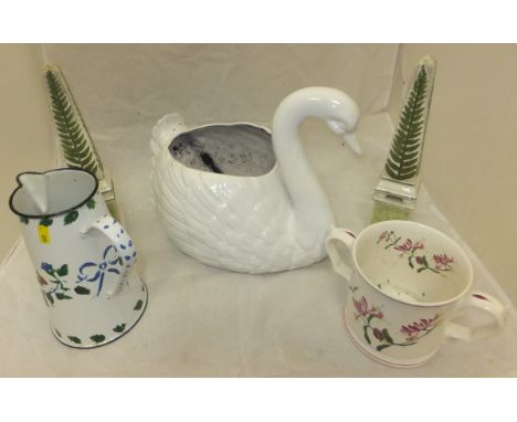 Two boxes of miscellaneous china, metal wares, pictures, etc to include two Bristol Blue style decanters, Royal Worcester lea