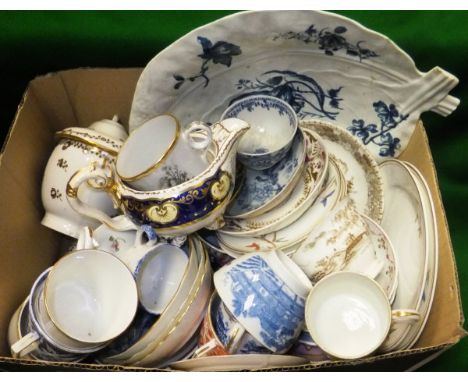 A box containing a collection of 18th Century and later porcelain and decorative wares to include a large leaf shaped dish tr