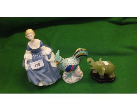 A Herend porcelain figure of a cockerel, a Royal Doulton figure "Hilary", model HN2335, and a jade figure of an elephant on a