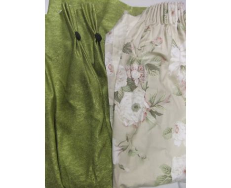 Two pairs of lime green chenille type lined curtains with black button detail, together with a pair of cotton lined curtains,