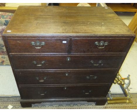 A 19th Century oak chest, the plain top with moulded edge above two short and three long graduated drawers with brass swan ne