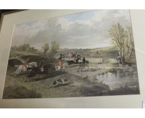 AFTER J.F. HERRING "Hunt and hounds jumping wooden fence", colour print, together with various other hunting prints