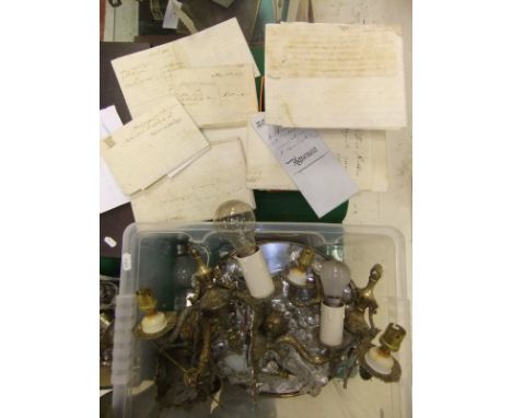 Various brass wall sconces and light fittings, together with 18th and 19th Century indentures