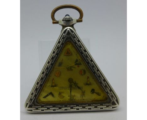 A silver triangular cased Masonic pocket watch, dial a/f
