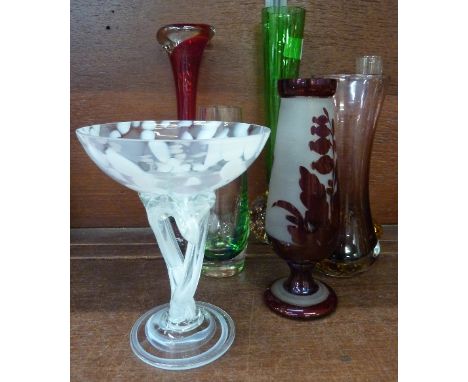 Six glass vases including Caithness and a glass bowl