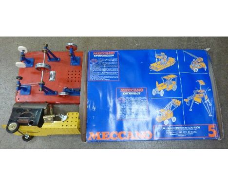 Mamod static belt drive tools, a Meccano steam engine and a Meccano set