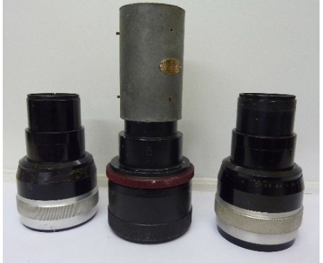 Three cinema projector lenses, Anamorphotic-Kiptar 2x391679, Anamorphotic-Kiptar 2x3404633 and a Cinepanoramic PR388 supplied