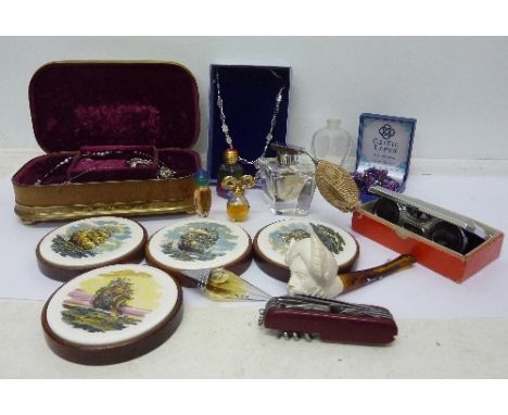 A jewellery box, silver pendants and chains, perfume bottles, a meerschaum pipe, etc.