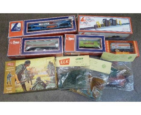 Lima model rail, Drive-Through Coach Wash, Motorail and two wagons, boxed, Airfix German Infantry, boxed, Elk Lichen and a Ho