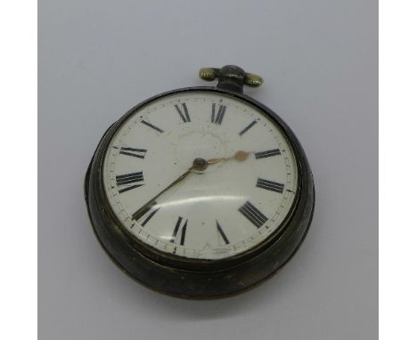 A silver pair case verge pocket watch, both cases hallmarked London 1827, dial a/f
