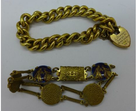 A yellow metal bracelet with plated fastener with inscription and a gilt metal and enamel bracelet