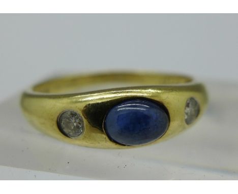 A 9ct gold, diamond and cabochon sapphire ring, weight 2.1g, size Q
