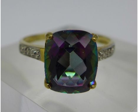A 9ct gold, mystic topaz and diamond ring, weight 1.7g, size N