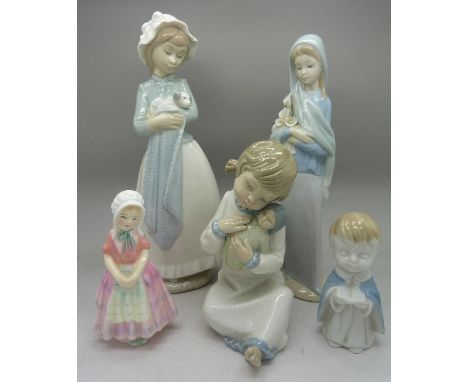 Five figures including Nao, Lladro and a Royal Doulton Tootles, HN1680