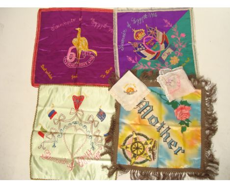 First World War Interest.
Five embroidered silk cushion covers.
1. "Souvenir of Egypt 1916, 6th Rgt AIF, Fight on, Fight Ever