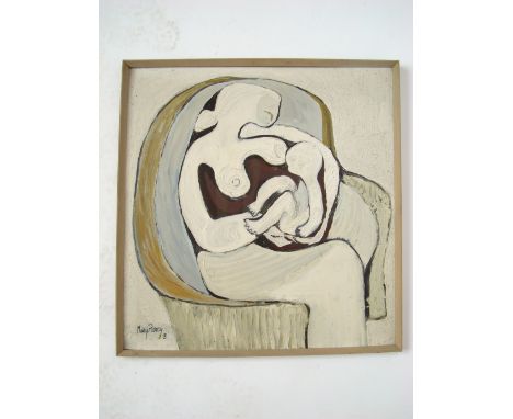 Mary Piercy (20th Century British).
Abstract Madonna and child, oil and mixed media on board,signed 59, framed.
71 x 75cm.  N