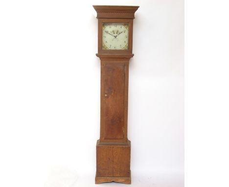 A George III painted pine 30 hour longcase clock, the 11" square painted enamel dial with Arabic numerals, minute track and d