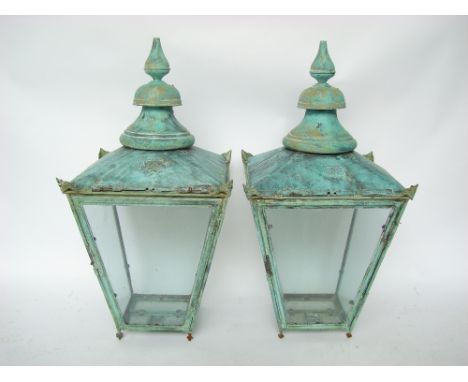 A pair of large 19th Century verdigris patinated copper lanterns, each bearing plaque 'Wm Edgar Patentee & Manufacturer, Blen