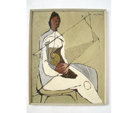 Mary Piercy (20th Century British).
Modernist portrait of a seated woman, oil and mixed media on board, signed, framed.
61 x 