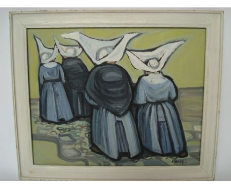 Mary Piercy (20th Century British).
Nuns, oil on board, signed, dated 71, framed.
49 x 39cm.  Notes Mary Piercy grew up in Ha