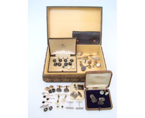 A collection of cufflinks, studs etc including a pair of Antique Greek style coins mounted in yellow metal mounts mark 18k, a