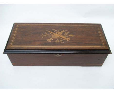 A late 19th Century Swiss simulated rosewood and marquetry inlaid 28cm cylinder music box playing eight airs on a seventy sev