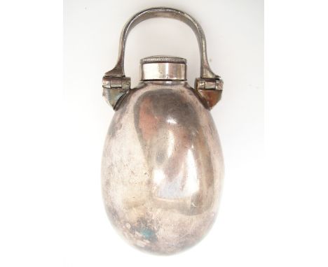 A 19th Century silver plated flask, of ovoid form with screw off cap and hinged carrying loop. 