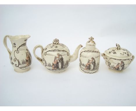 A late 18th Century Leeds creamware part tea service, each piece painted in black with a biblical scene, 'Samuel pouring  oil