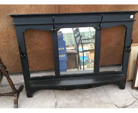 A WALL MOUNTED HALL STAND WITH HOOKS, MIRROR AND SHELF 