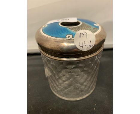 A GLASS JAR WITH A HALLMARKED SILVER ENAMEL ENGINE TURNED LID (A/F) 
