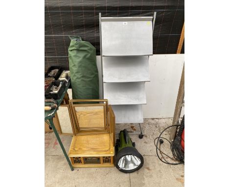 A LARGE TORCH, A GAZEEBO, A METAL LEAFLET STAND, A RECORD PLAYER AND MIRROR 