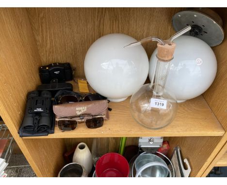 TWO MILK GLASS LAMP SHADES, A PYREX SCIENCE DISTILLATION VESSEL, SUNGLASSES, CAMERA AND BINOCULARS 