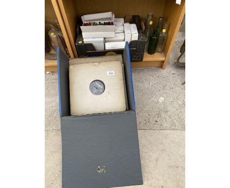 VINTAGE GLASS BOTTLES, VINTAGE GRAMOPHONE RECORDS AND BOXES OF SEALING WAX 