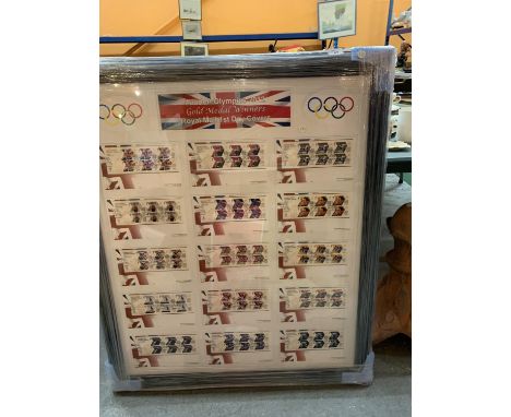 A LARGE FRAMED COLLECTION OF ROYAL MAIL FIRST DAY COVERS OF GOLD MEDAL WINNERS AT THE  LONDON OLYMPICS 2012 