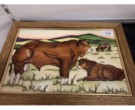 A MOORCROFT FRAMED CERAMIC PLAQUE OF A LIMOUSIN BULL LIMITED EDITION 15/30 
