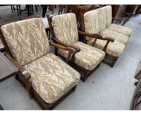 AN ERCOL COLONIAL ELM THREE PIECE SUITE 