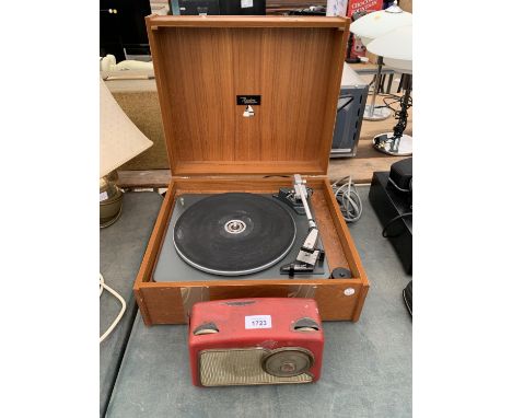 A RADON RECORD PLAYER AS SELECTED BY THE DESIGN CENTRE LONDON AND A RED VINTAGE DANSETTE RADIO 