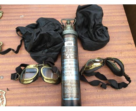 TWO SETS OF BRASS AND LEATHER FLYING GOGGLES, TWO LEATHER FLYING HELMETS, GLOVES AND A VINTAGE FIRE EXTINGUISHER 
