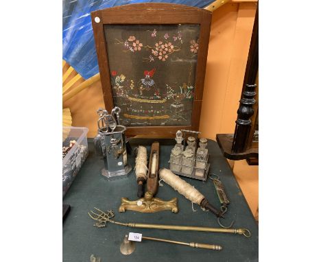 AN ECLECTIC ASSORTMENT OF VARIOUS ITEMS TO INCLUDE BRASSWARE AND A VINTAGE EMBROIDERED FIRE SCREEN ETC 