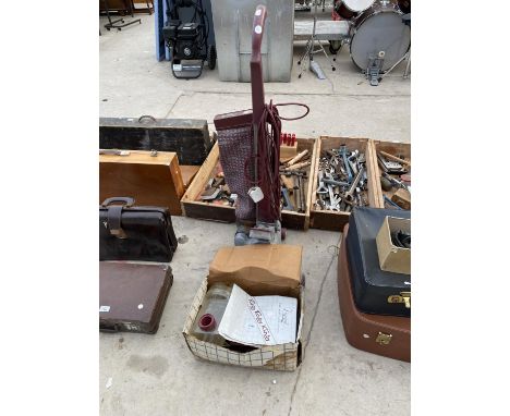 A VINTAGE KIRBY HOOVER WITH ATTACHMENTS BELIEVED WORKING BUT NO WARRANTY 