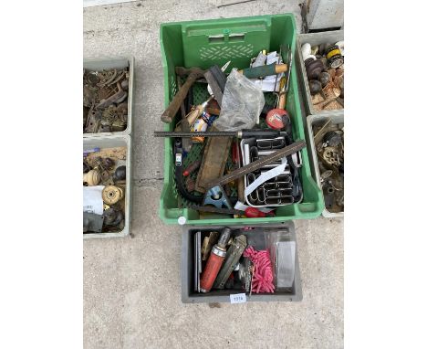 TWO BOXES OF VINTAGE TOOLS AND HARDWARE - HAMMERS, IMPACT DRIVER ETC 