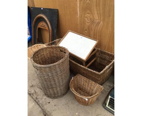 FIVE VARIOUS WICKER BASKETS INCLUDING TWO METAL HANDLED EXAMPLES AND AN EASEL 