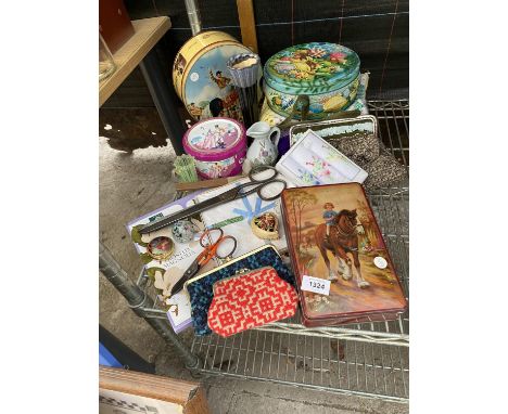 VINTAGE ITEMS TO INCLUDE TINS, TAPESTRY PURSES, SCISSORS, IRISH LINEN, CROCHET BLANKET, ETC. 