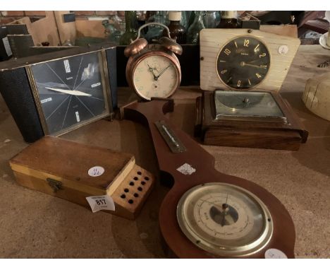 A GROUP OF FOUR RETRO CLOCKS, A BAROMETER AND A WOODEN PEG BOX 