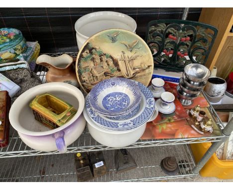 A COLLECTION OF CERAMICS TO ALSO INCLUDE SCALES, CAST RECIPE BOOK STAND, JELLY MOULDS ETC. 