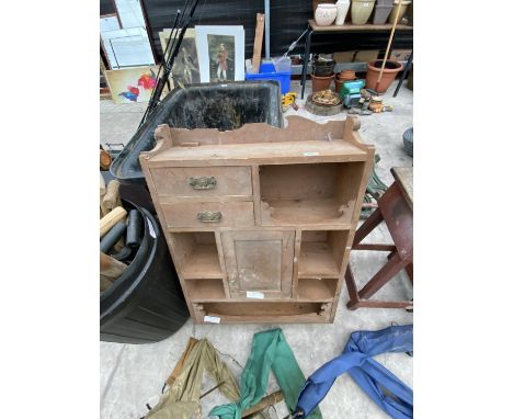 A SMALL PINE CABINET AND A VINTAGE KITCHEN STOOL 