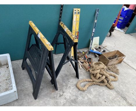 VARIOUS TOOLS - TWO TRESTLES, ROPE, CHISELS ETC 