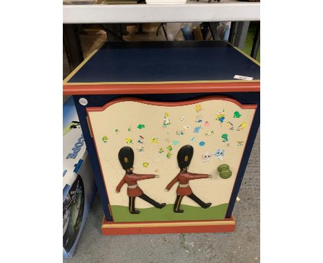 A CHILDS TWO SHELF CUPBOARD WITH MARKING SOLDIERS 